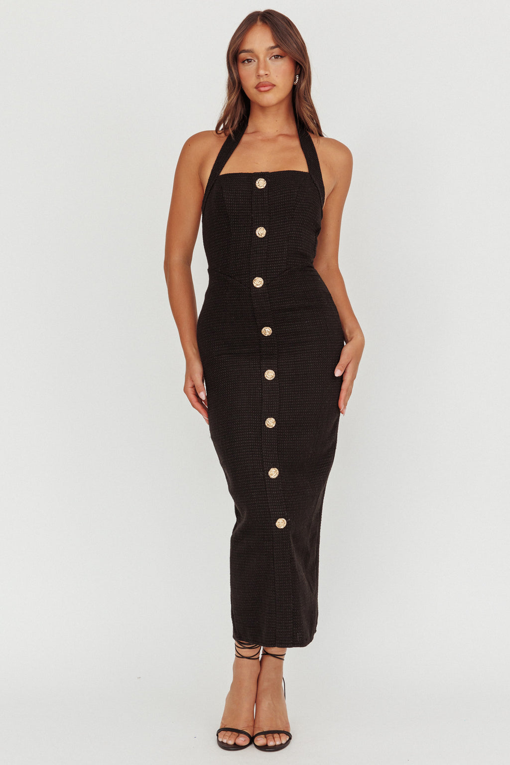 She Is Button Front Halter Midi Dress Tweed Black by Selfie Leslie