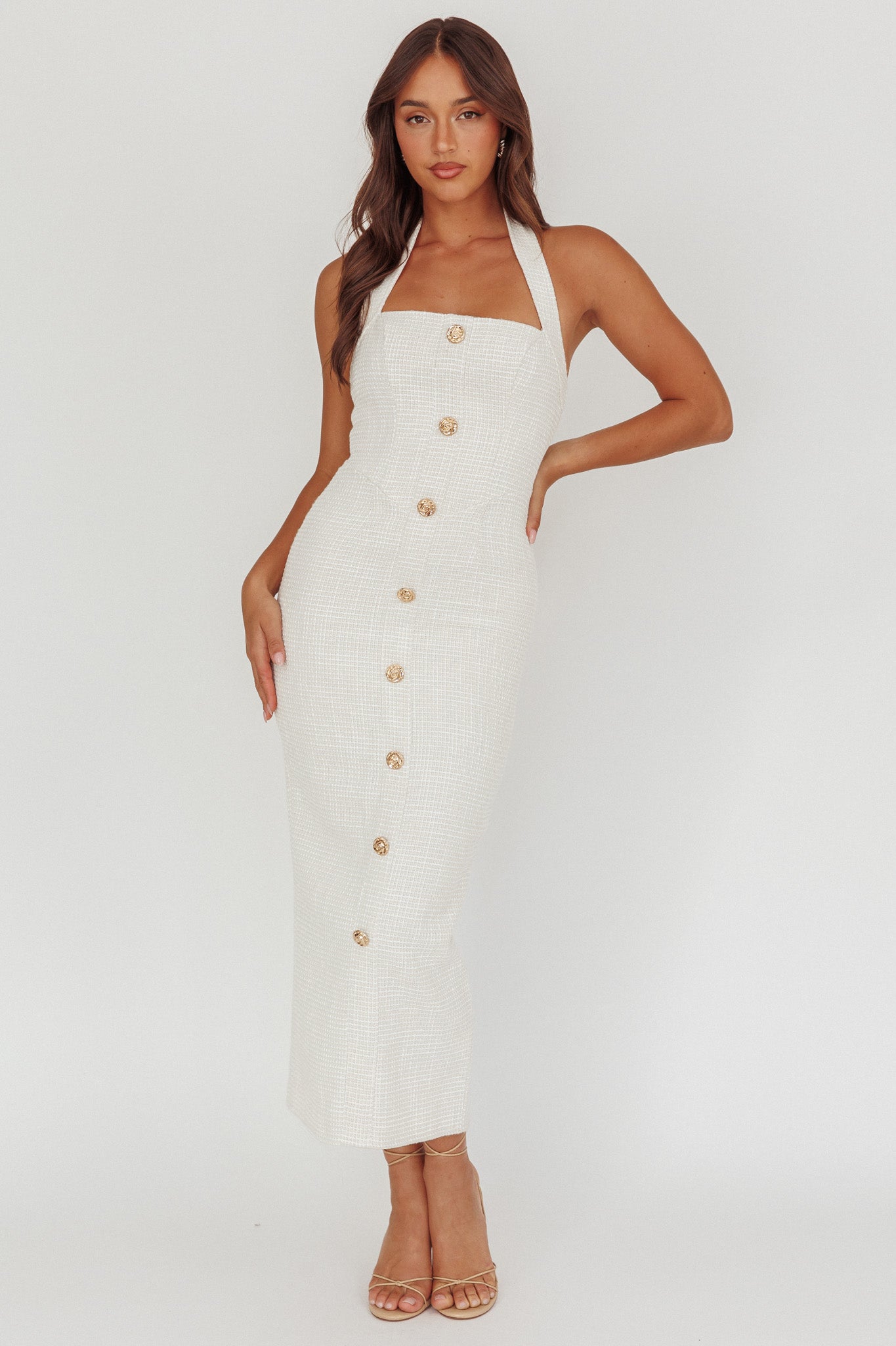She Is Button Front Halter Midi Dress Tweed White - M She Is Button Front Halter Midi Dress Tweed White - M