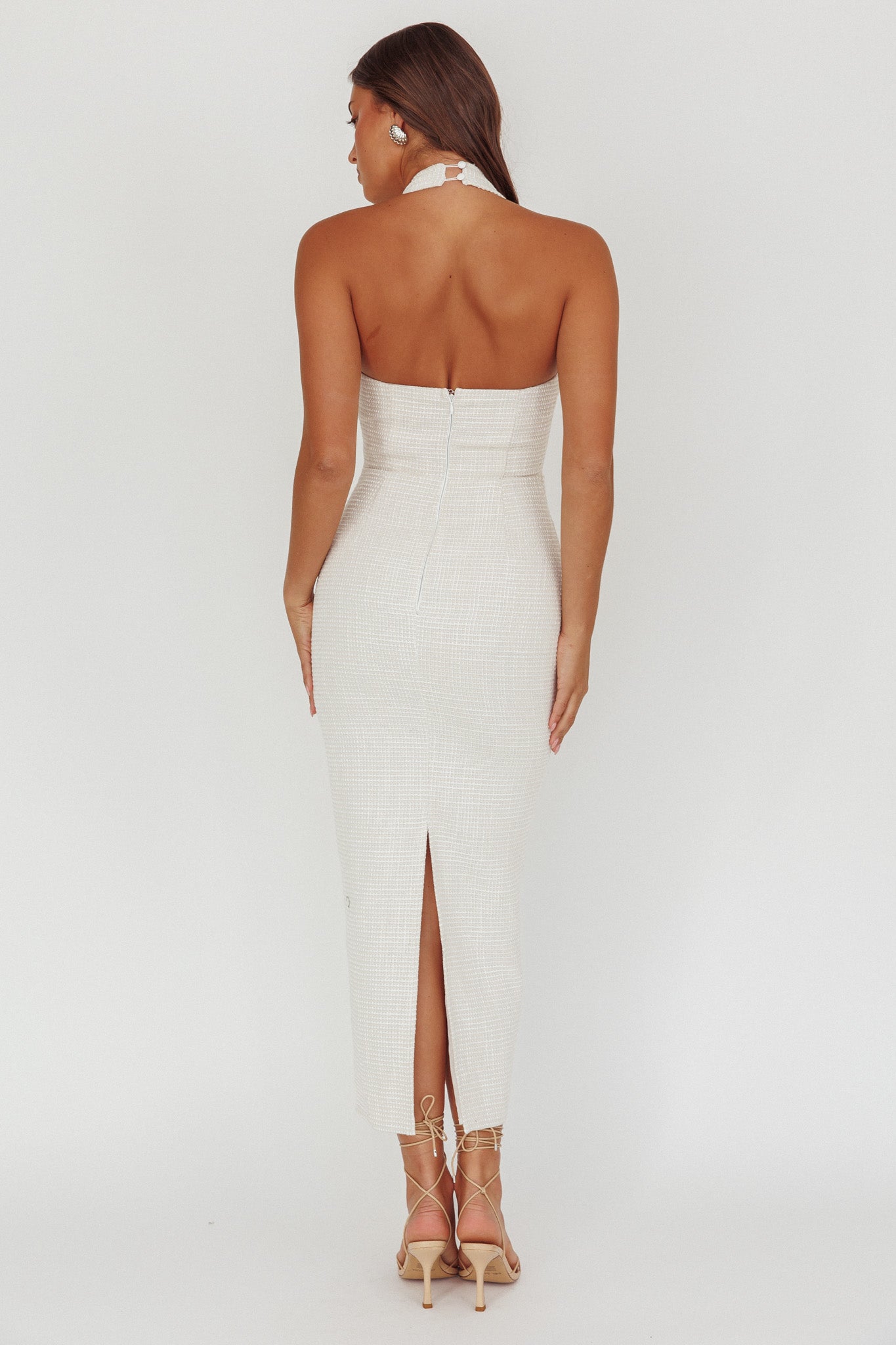 She Is Button Front Halter Midi Dress Tweed White - L She Is Button Front Halter Midi Dress Tweed White - L