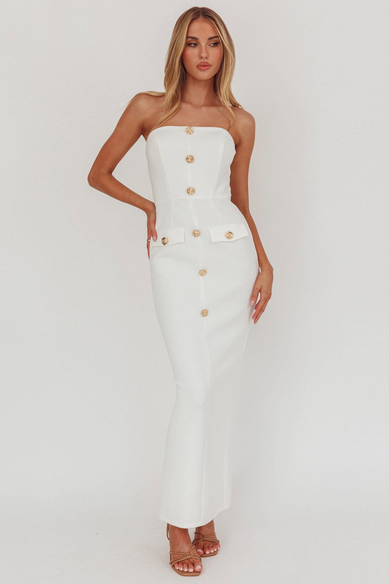 She Is Button Front Strapless Maxi Dress White - L She Is Button Front Strapless Maxi Dress White - L