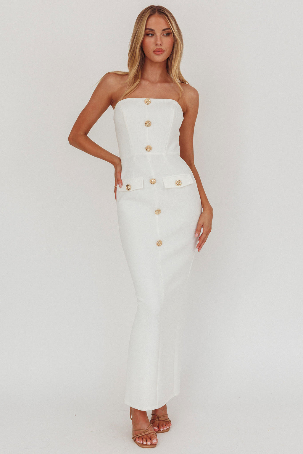 She Is Button Front Strapless Maxi Dress White by Selfie Leslie