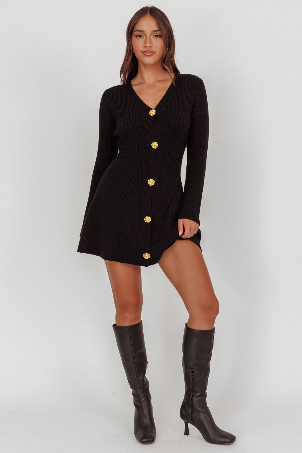 Irma Gold Button Knit Mini Dress Black by Selfie Leslie