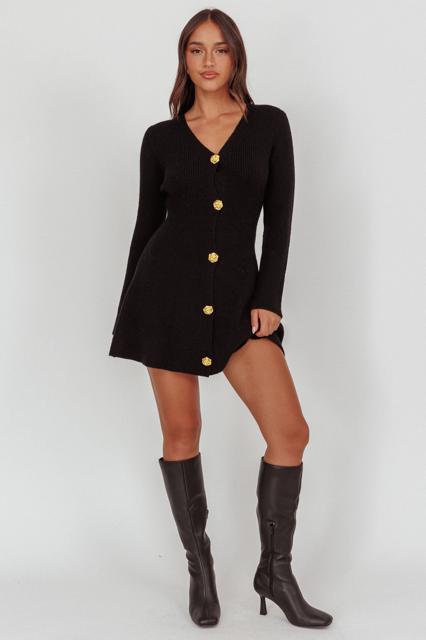 Irma Gold Button Knit Mini Dress Black by Selfie Leslie
