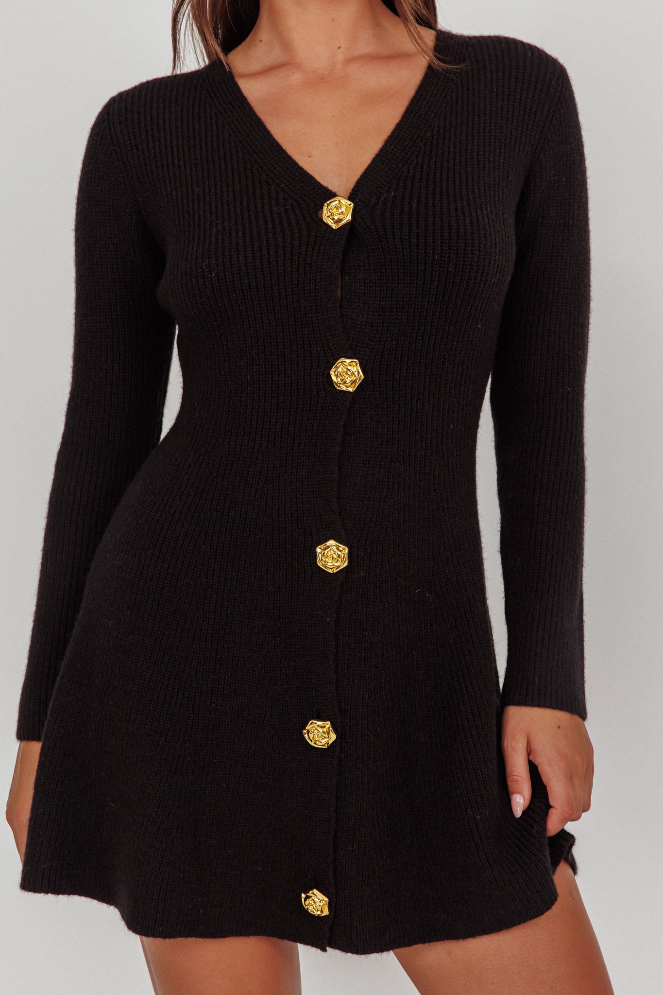 Irma Gold Button Knit Mini Dress Black - S Irma Gold Button Knit Mini Dress Black - S