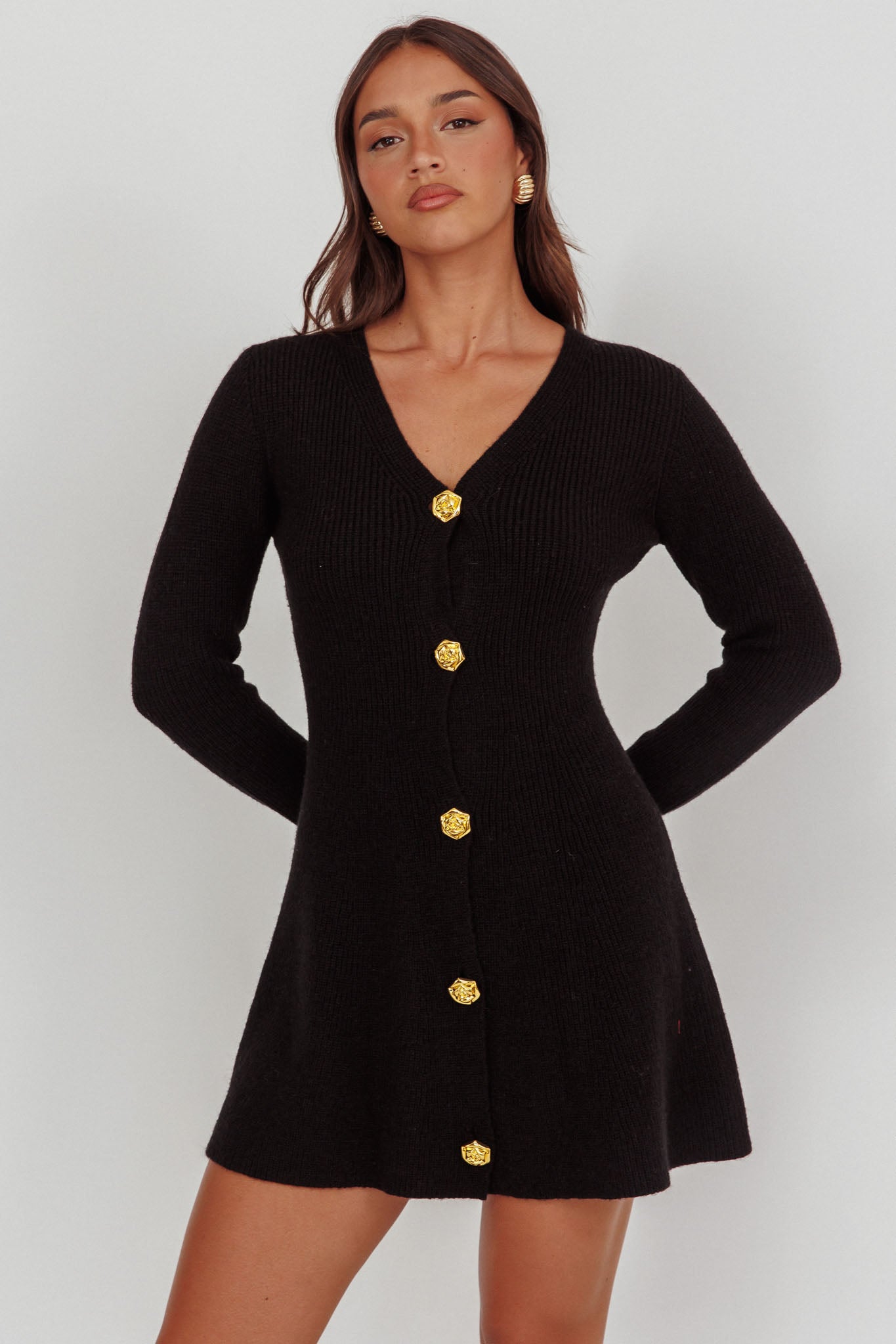 Irma Gold Button Knit Mini Dress Black | Selfie Leslie