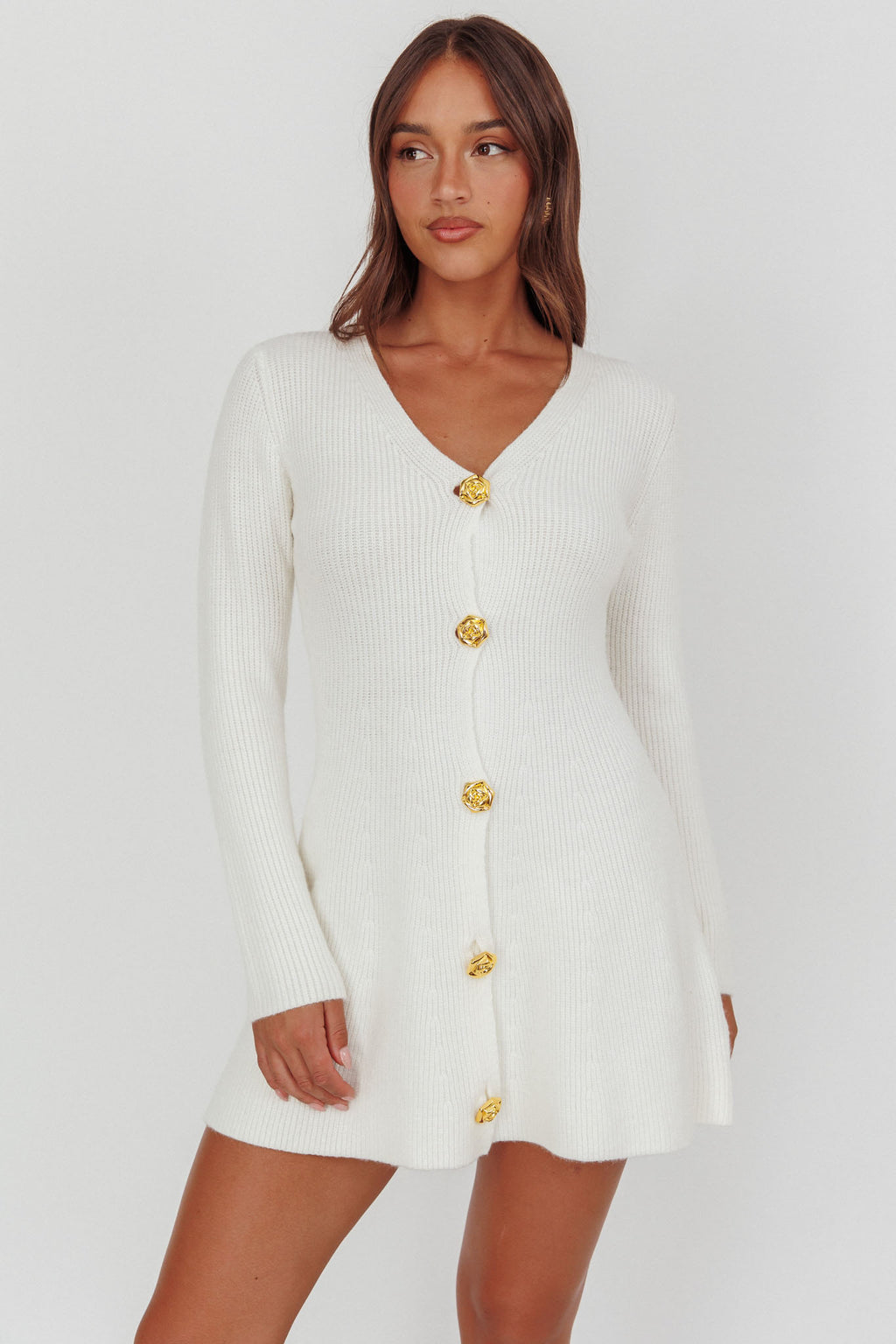 Irma Gold Button Knit Mini Dress White by Selfie Leslie