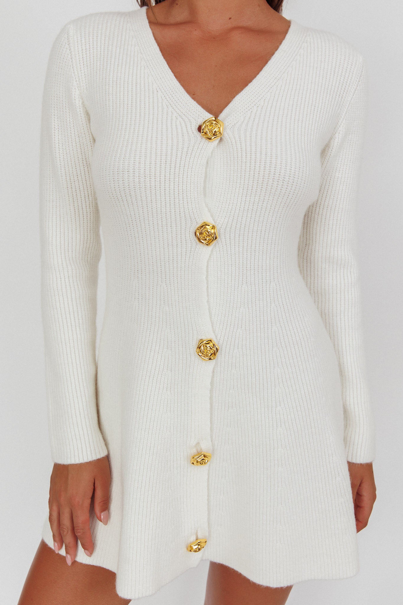 Irma Gold Button Knit Mini Dress White by Selfie Leslie