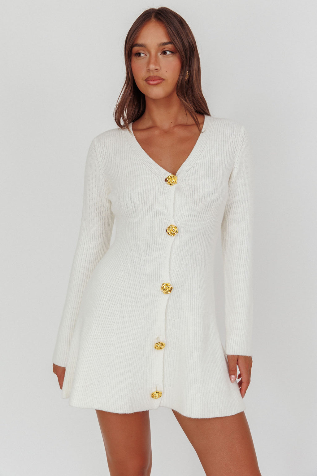 Irma Gold Button Knit Mini Dress White by Selfie Leslie