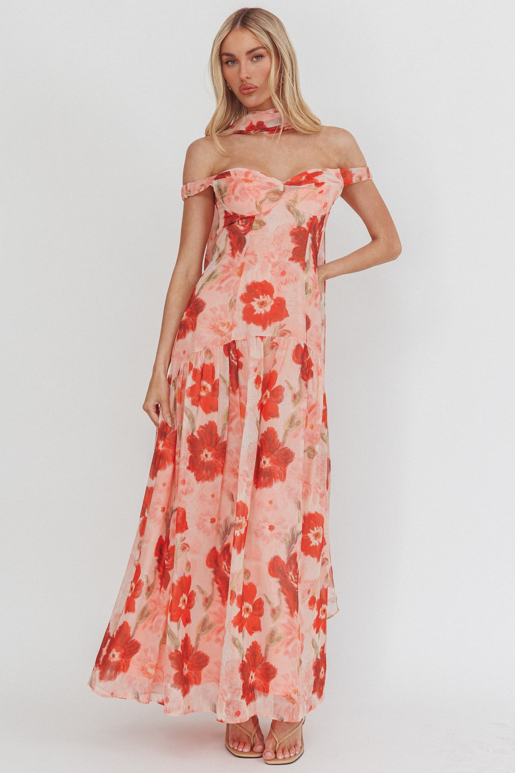 Kaycee Drop Waist Maxi Dress Floral Red by Selfie Leslie