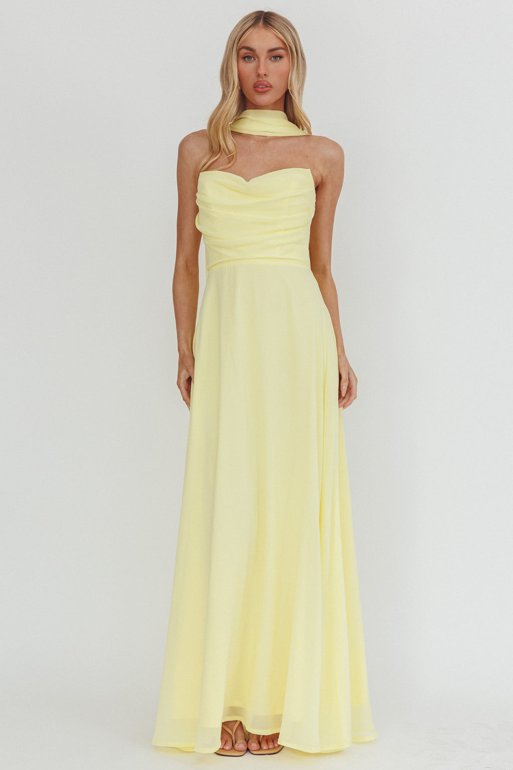 yellow formal maxi dress Kaycee Strapless Scarf Maxi Dress Yellow