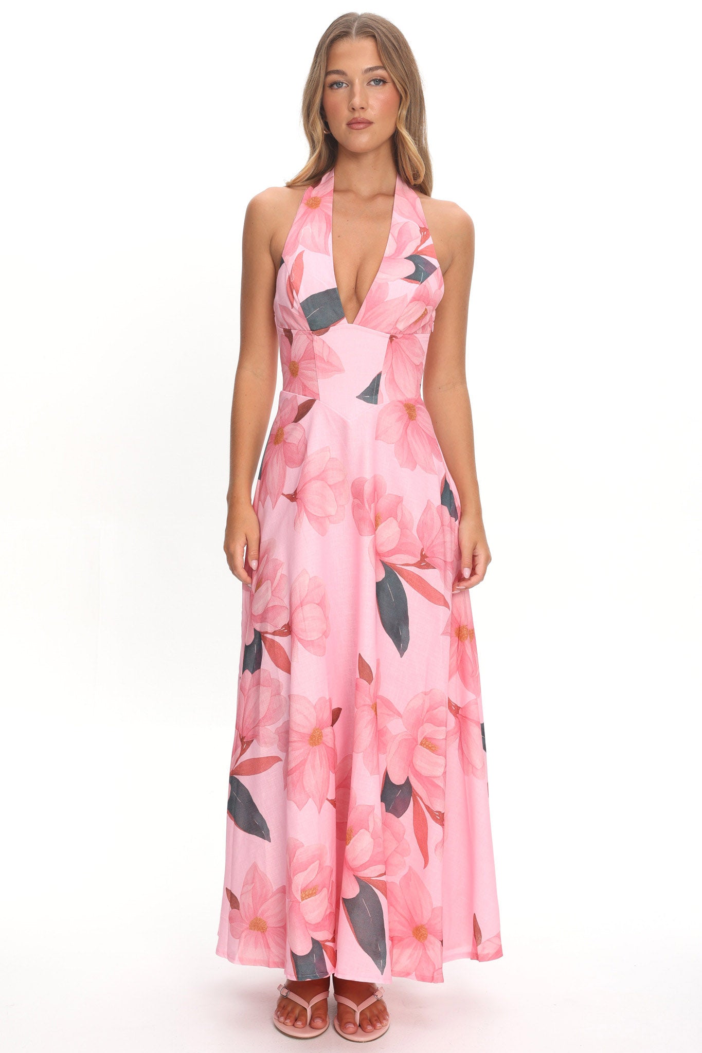 Riga Halterneck Maxi Dress Floral Pink by Selfie Leslie