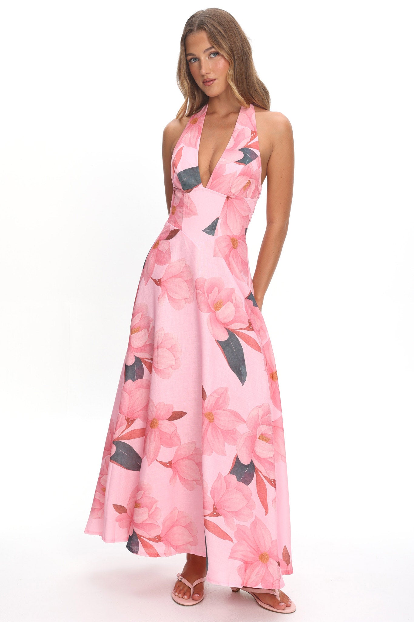 Riga Halterneck Maxi Dress Floral Pink by Selfie Leslie