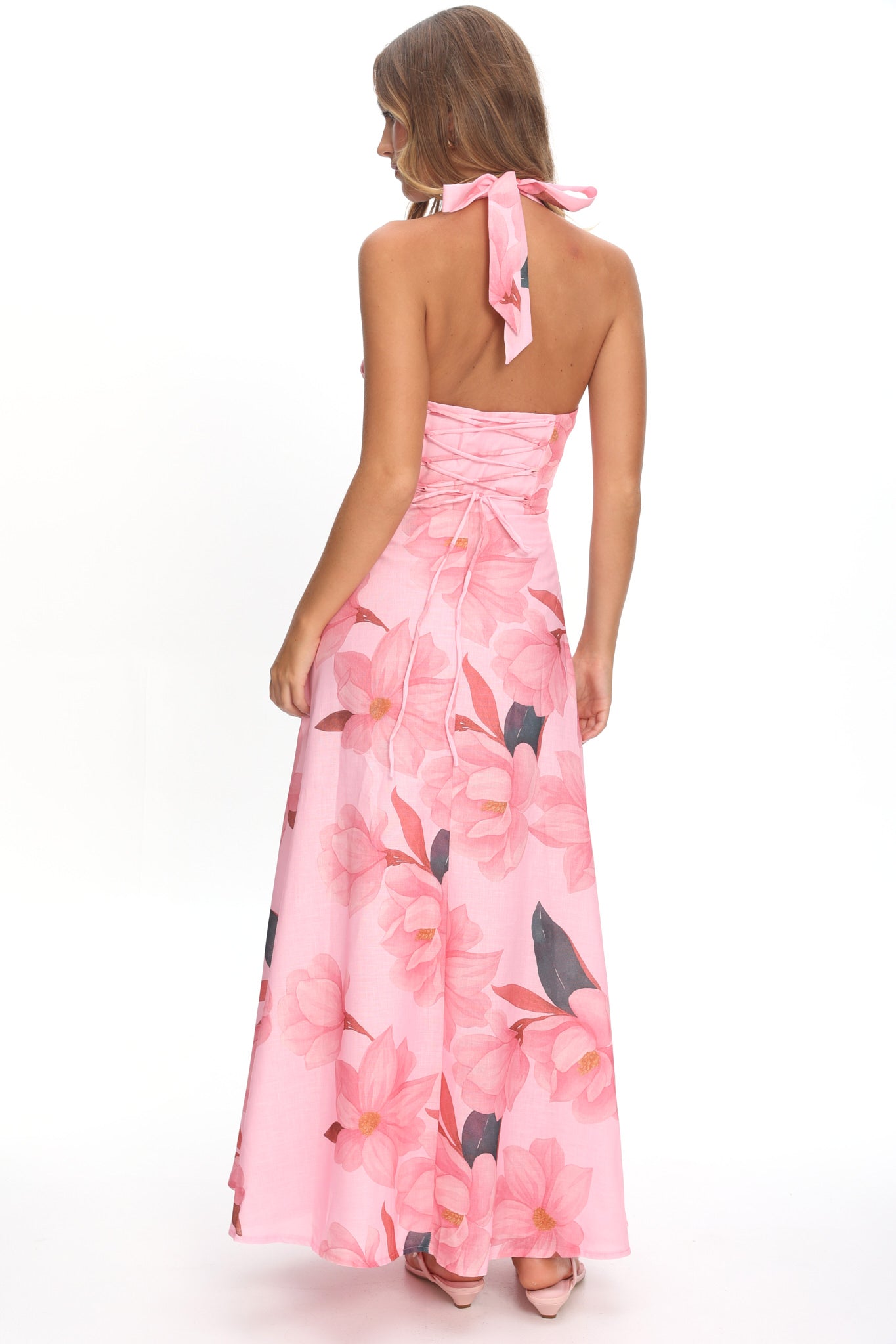 Riga Halterneck Maxi Dress Floral Pink by Selfie Leslie