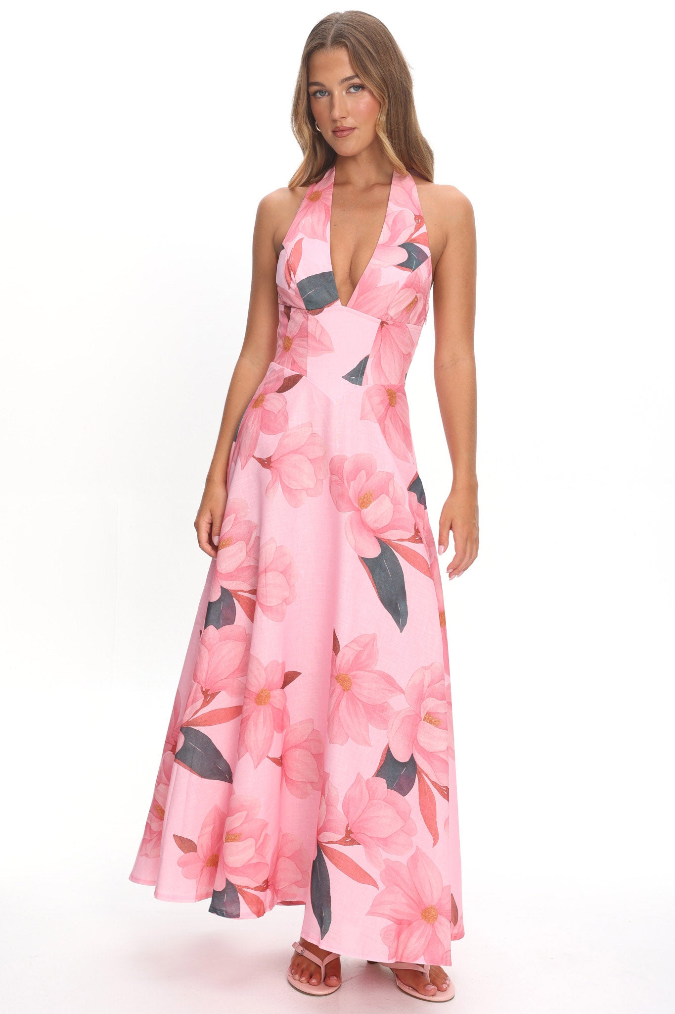 Riga Halterneck Maxi Dress Floral Pink by Selfie Leslie