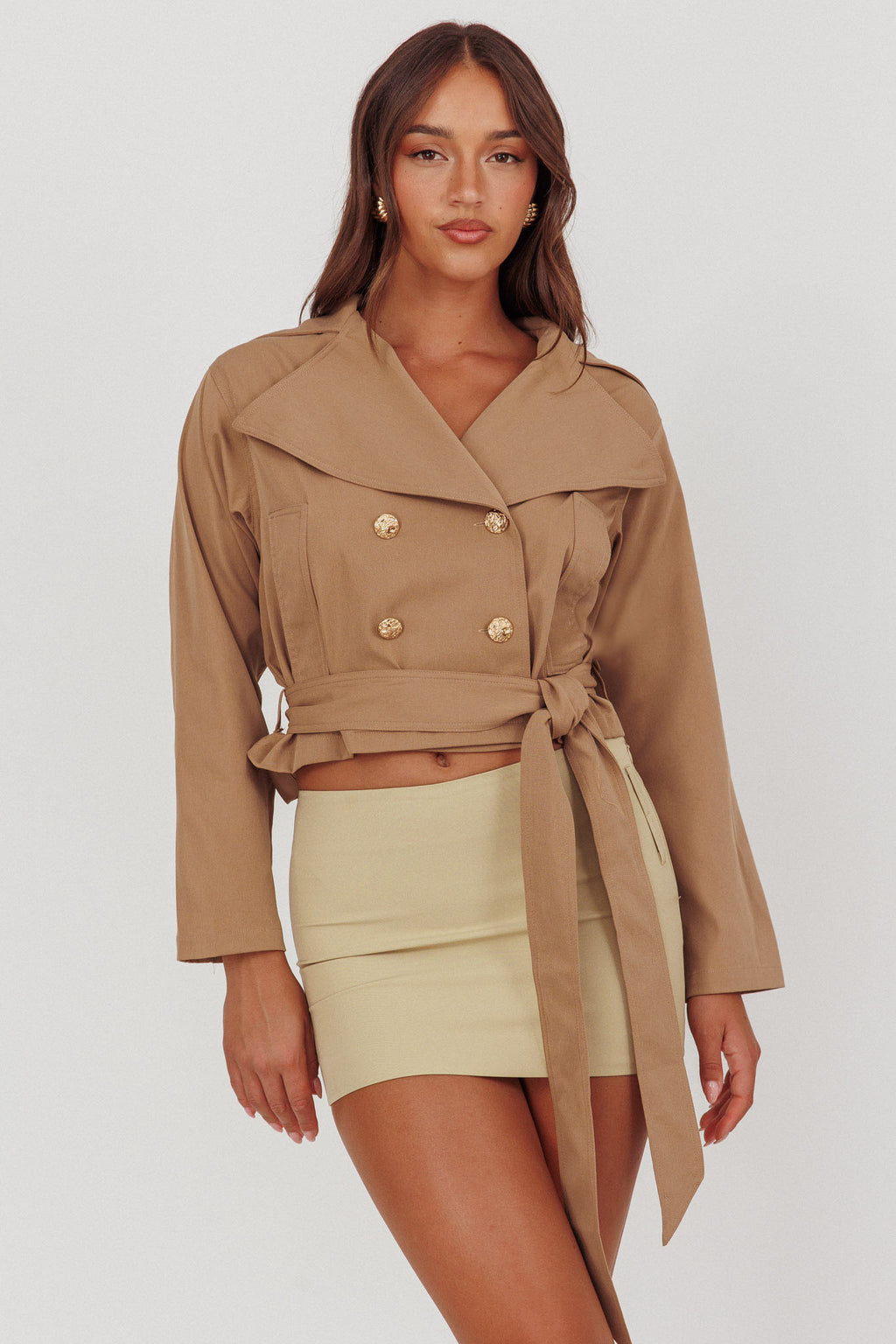 Envision Crop Waist Tie Jacket Tan by Selfie Leslie