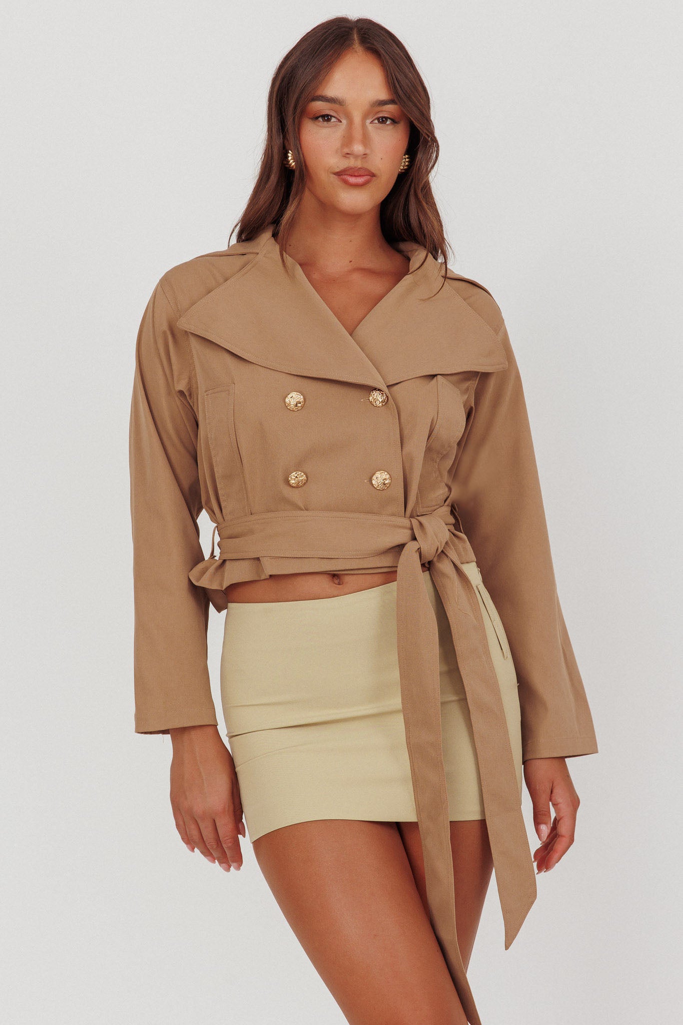 Envision Crop Waist Tie Jacket Tan by Selfie Leslie