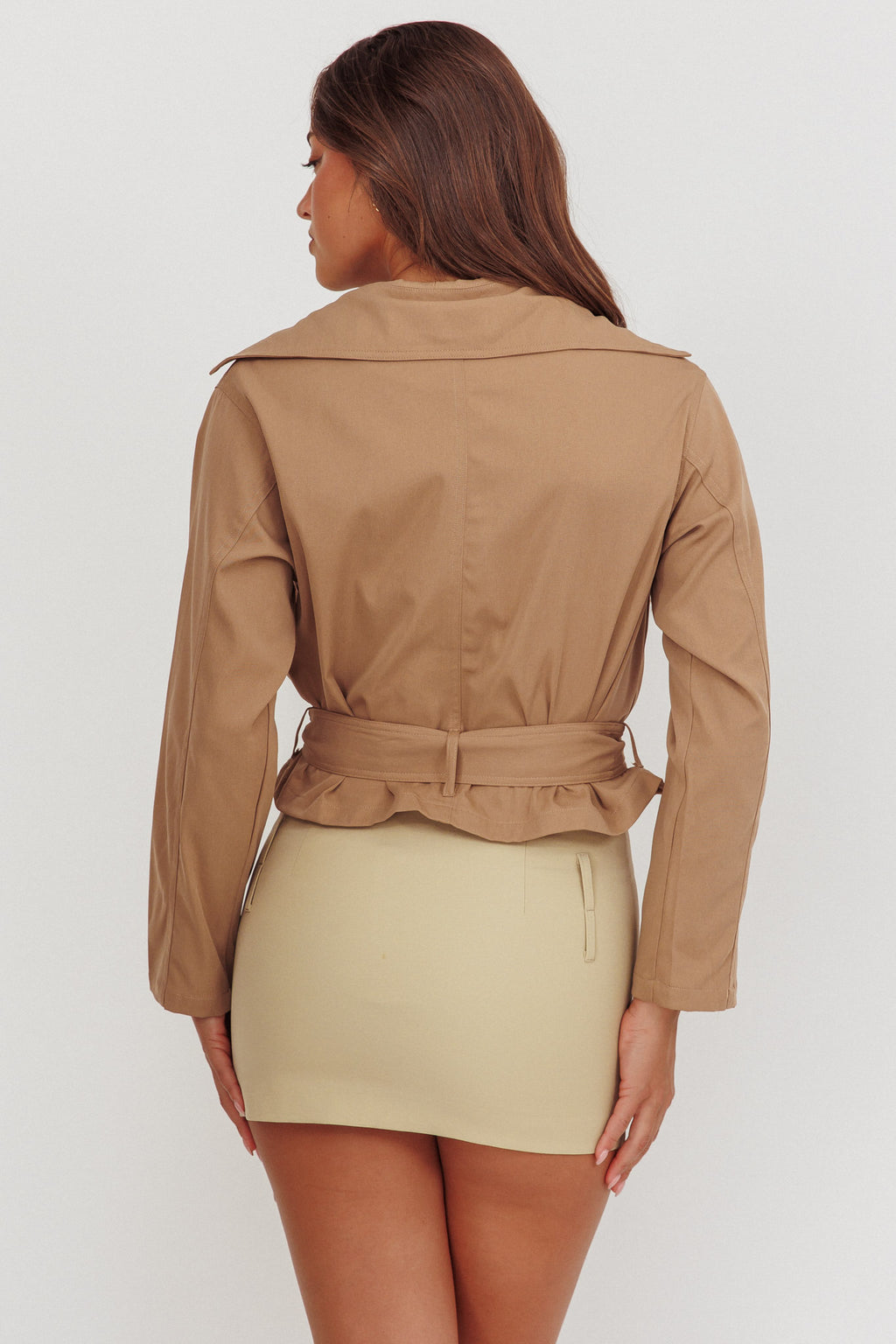 Envision Crop Waist Tie Jacket Tan by Selfie Leslie