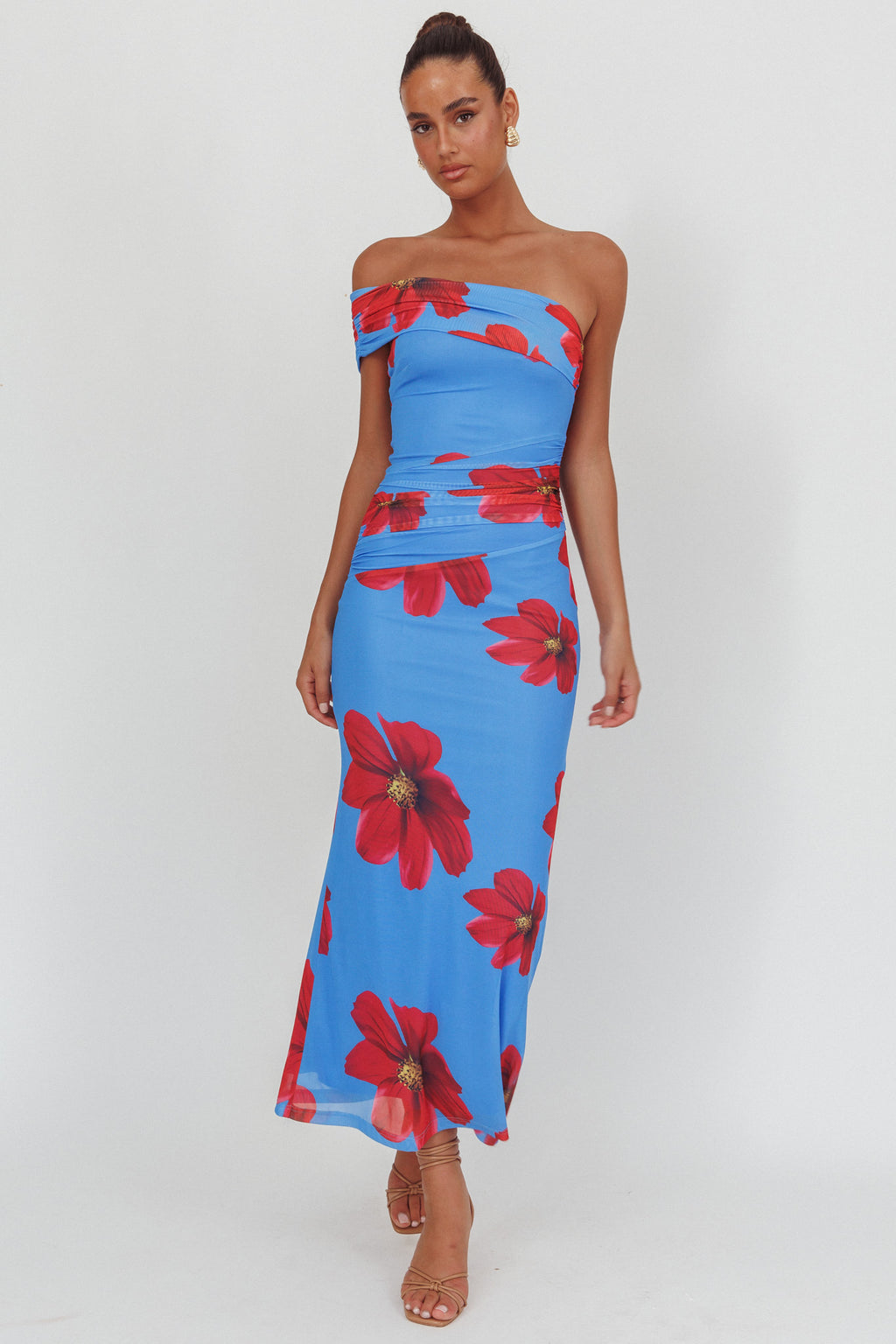 Gala One-Shoulder Maxi Dress Floral Blue by Selfie Leslie