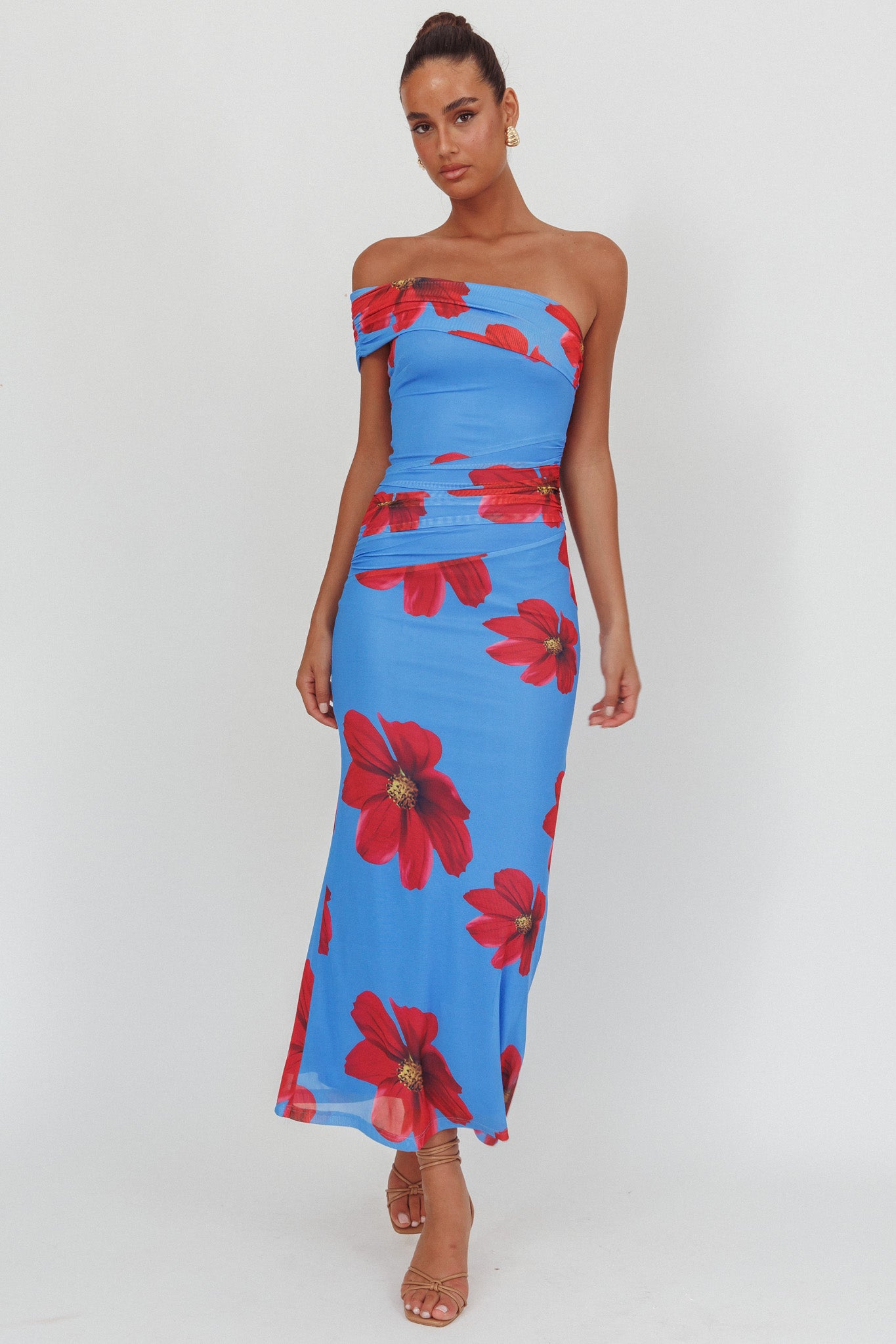 Gala One-Shoulder Maxi Dress Floral Blue by Selfie Leslie