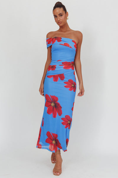 blue dress orange flowers Seraphina Strapless Floral Midi Dress in Blue Multi