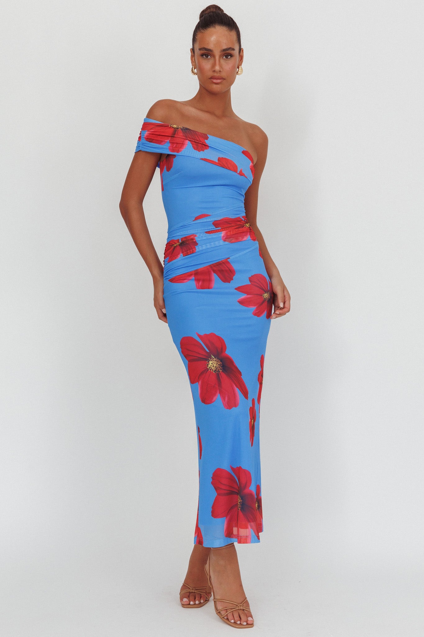 Gala One-Shoulder Maxi Dress Floral Blue by Selfie Leslie