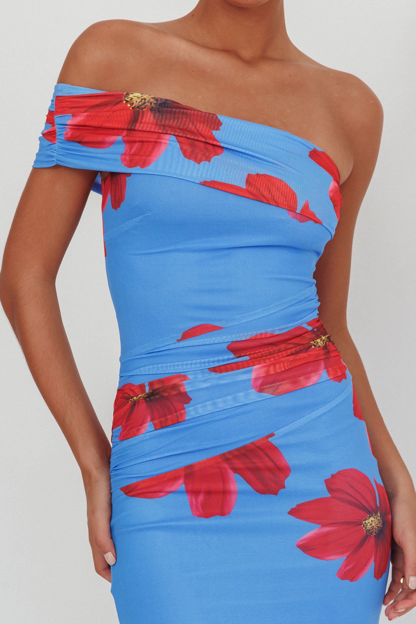 Gala One-Shoulder Maxi Dress Floral Blue by Selfie Leslie