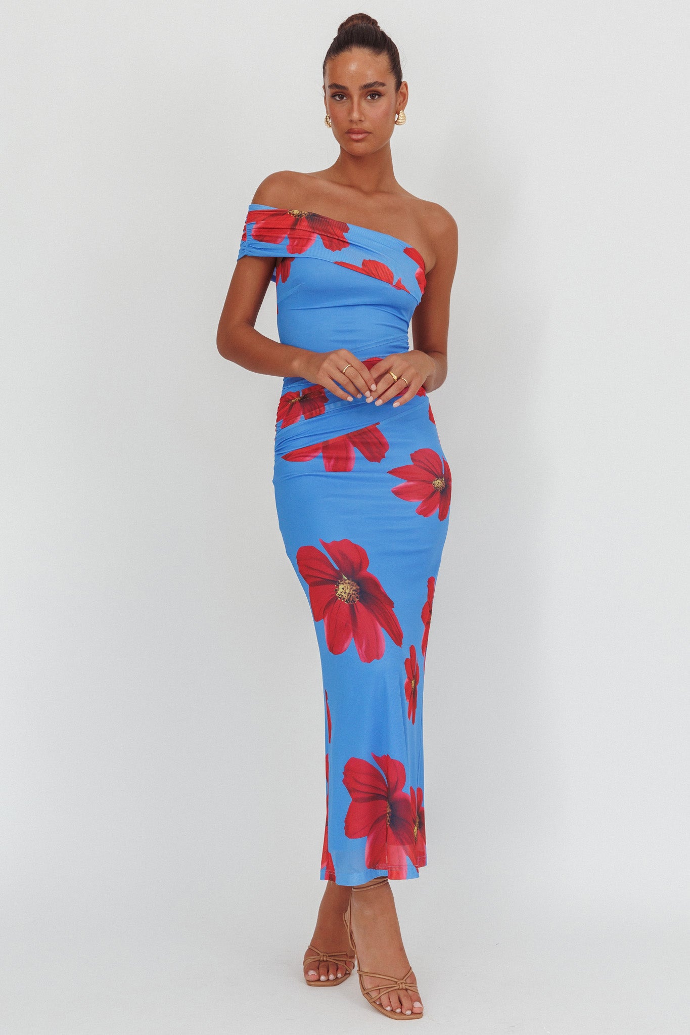 Gala One-Shoulder Maxi Dress Floral Blue by Selfie Leslie