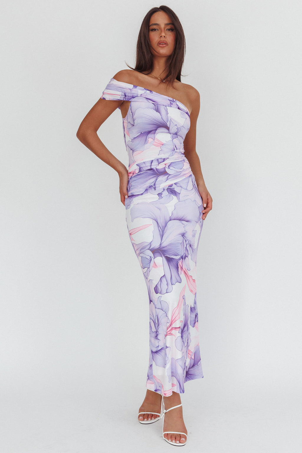 chinese dress ladies Berylove Women Maxi Mother Dress Plus Size Grey Purple One Shoulder Ruffled Sleeves Chiffon Wedding Party Guest Dress, Grey Purple / 4XL main image 0