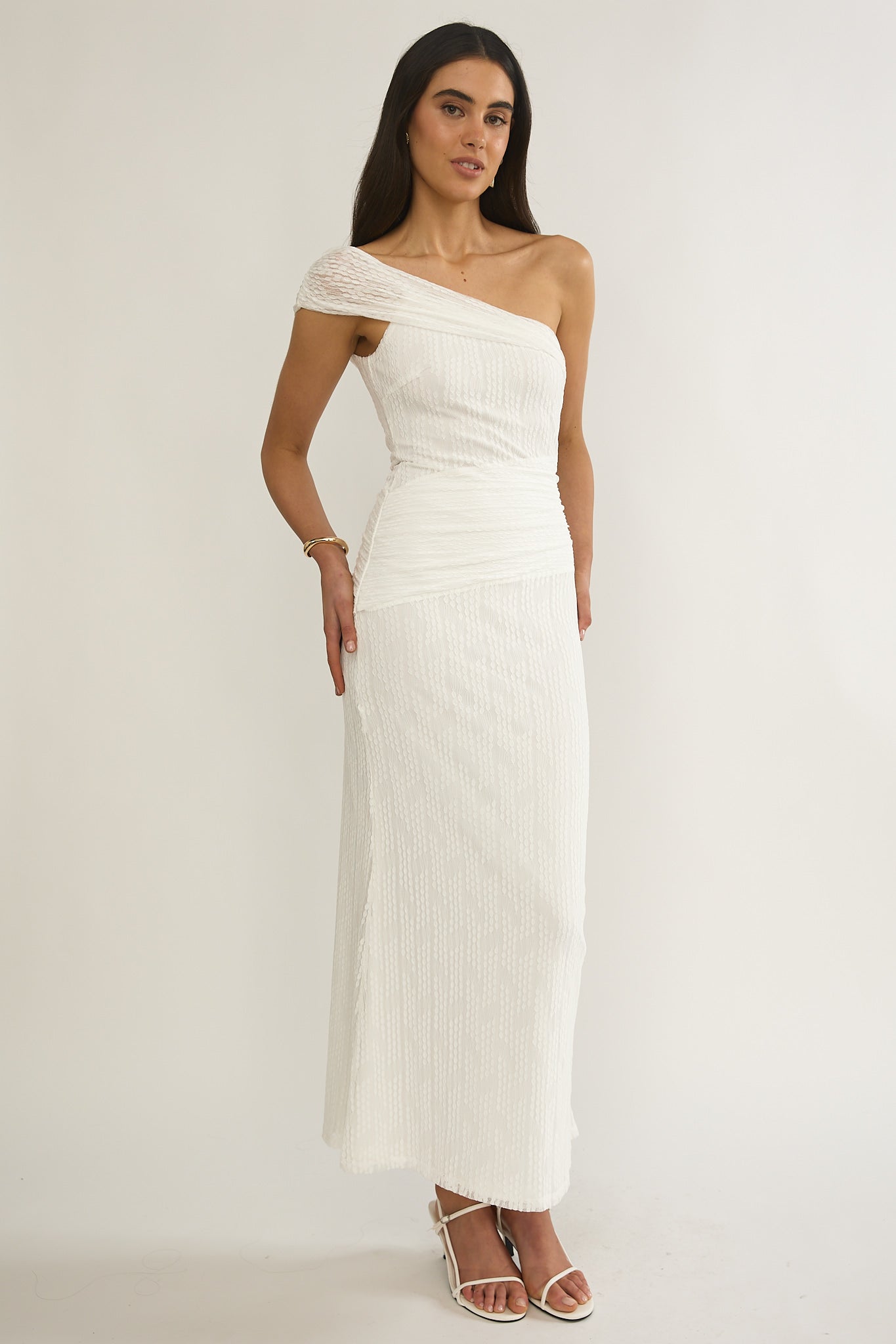 Gala One-Shoulder Textured Maxi Dress White Gala One-Shoulder Textured Maxi Dress White
