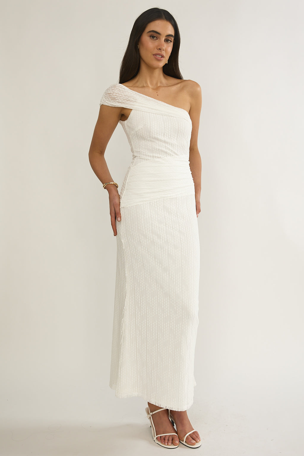 Gala One-Shoulder Textured Maxi Dress White by Selfie Leslie