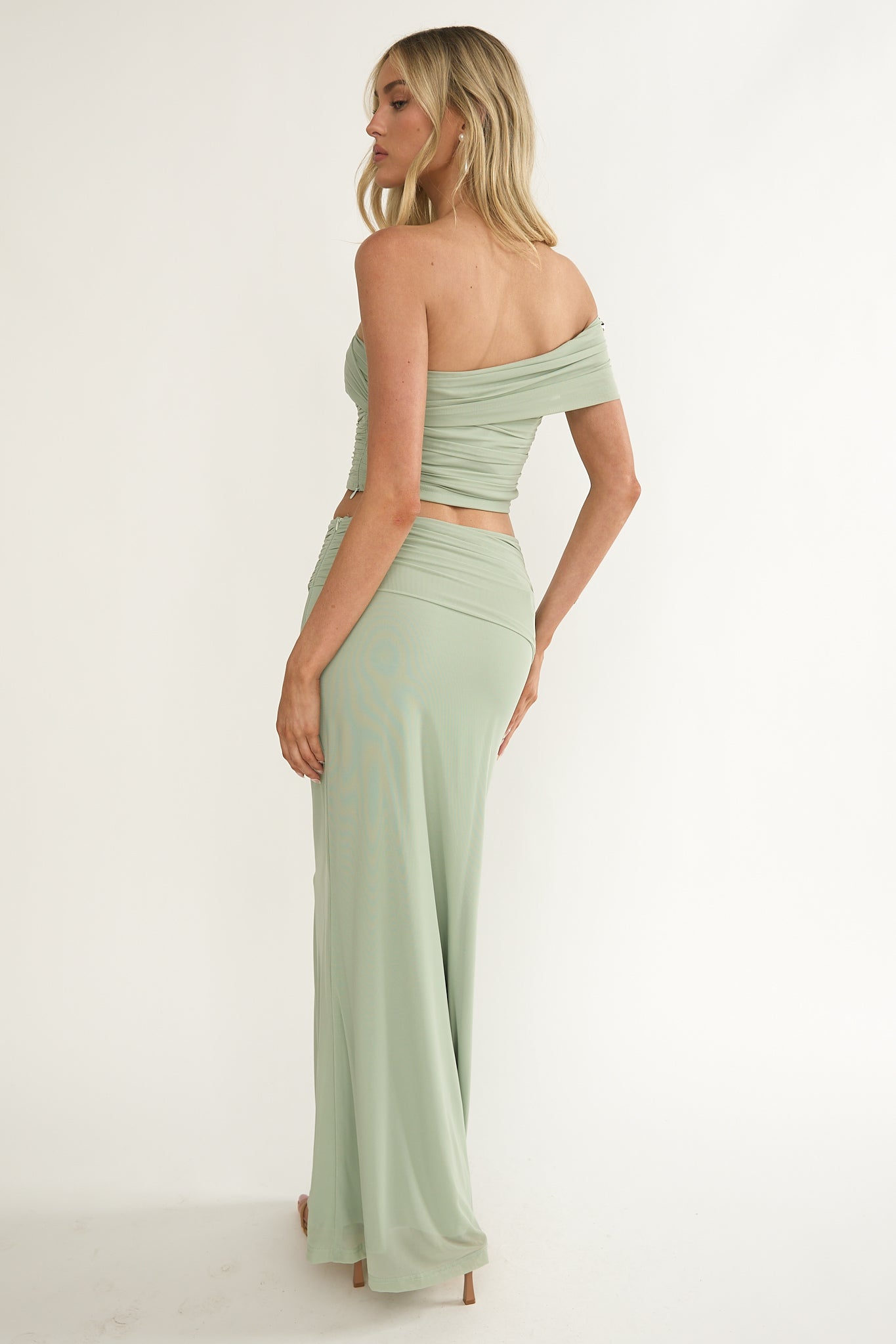 Gala Ruched Waist Maxi Skirt Sage by Selfie Leslie