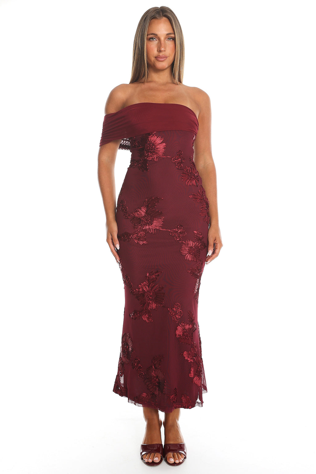 Gala One-Shoulder Maxi Dress Embellished Wine by Selfie Leslie