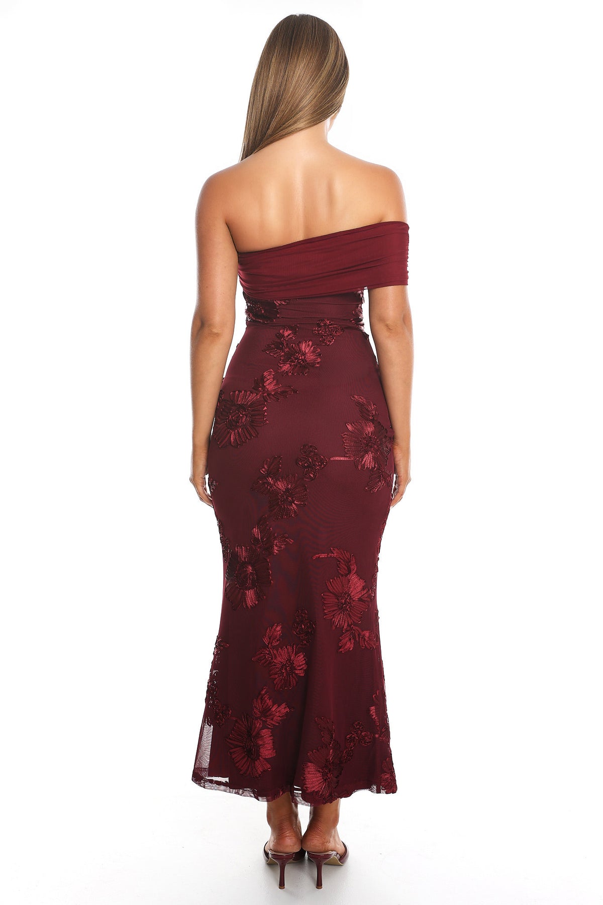 Gala One-Shoulder Maxi Dress Embellished Wine by Selfie Leslie