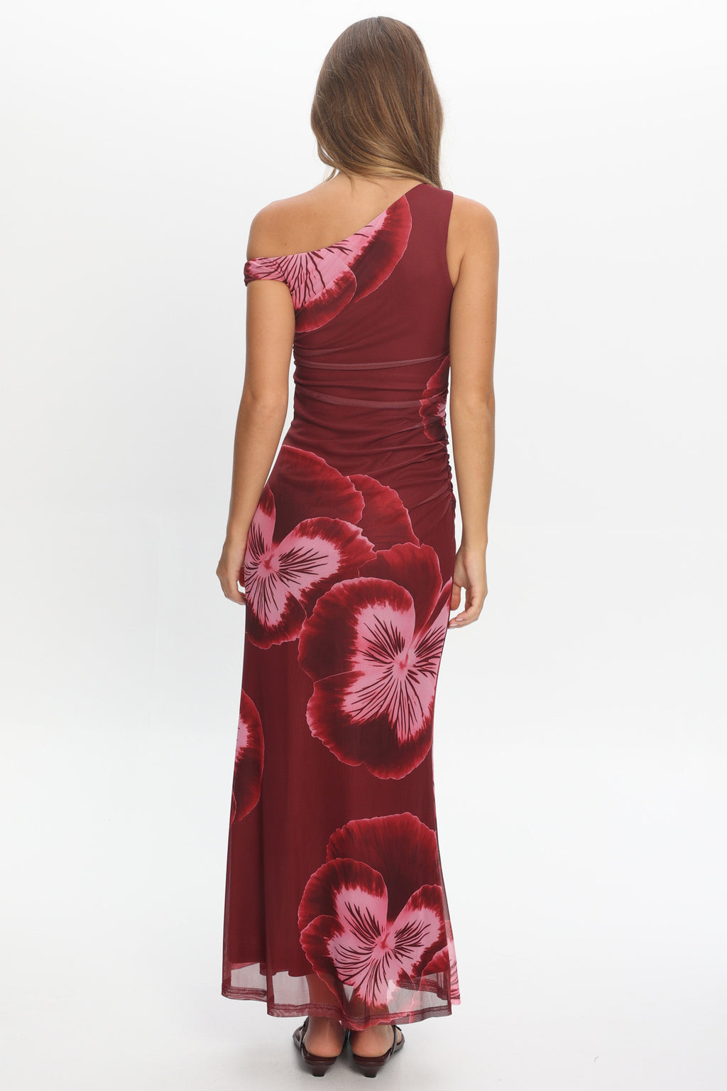 Gala Asymmetric Neckline Maxi Dress Floral Wine