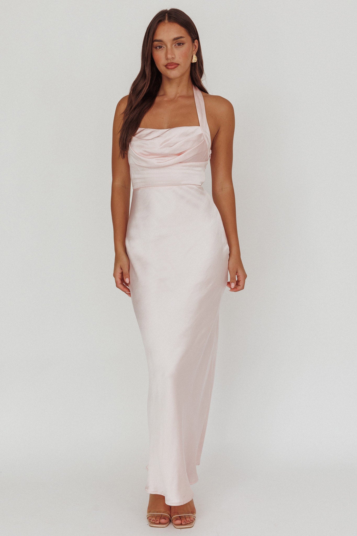 Fair Play Gathered Bust Halter Maxi Dress Pink by Selfie Leslie
