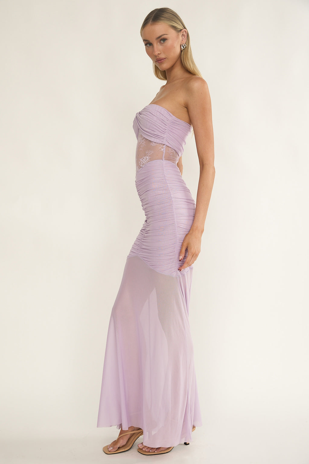 Sade Strapless Sheer Panel Ruched Maxi Dress Lilac by Selfie Leslie