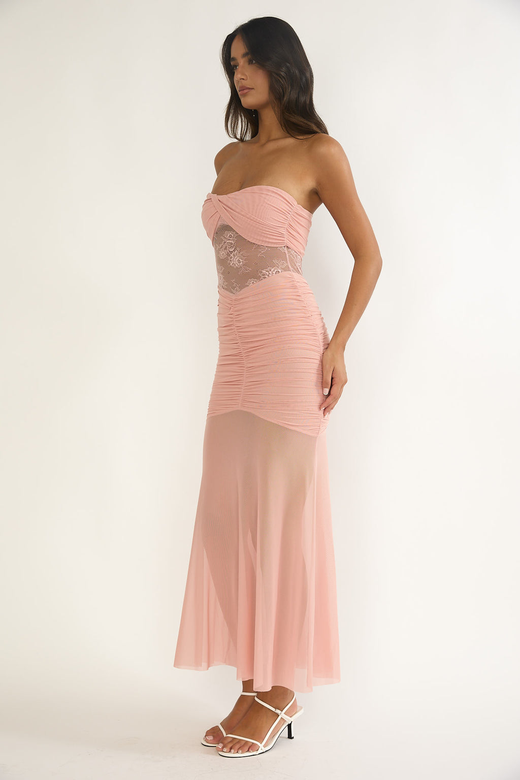 Sade Strapless Sheer Panel Ruched Maxi Dress Blush by Selfie Leslie