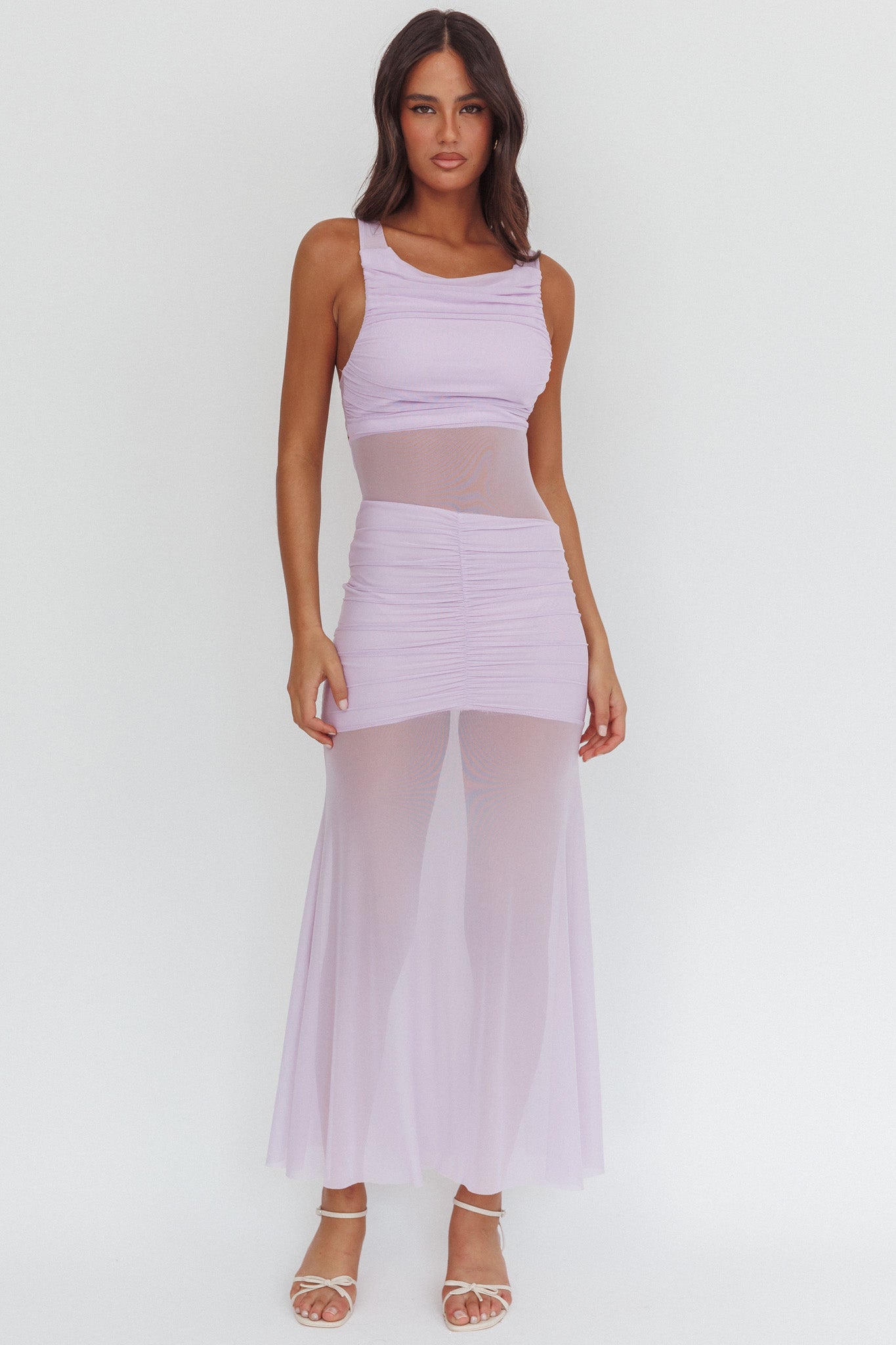 Sade Sheer Panel Ruched Maxi Dress Lilac by Selfie Leslie