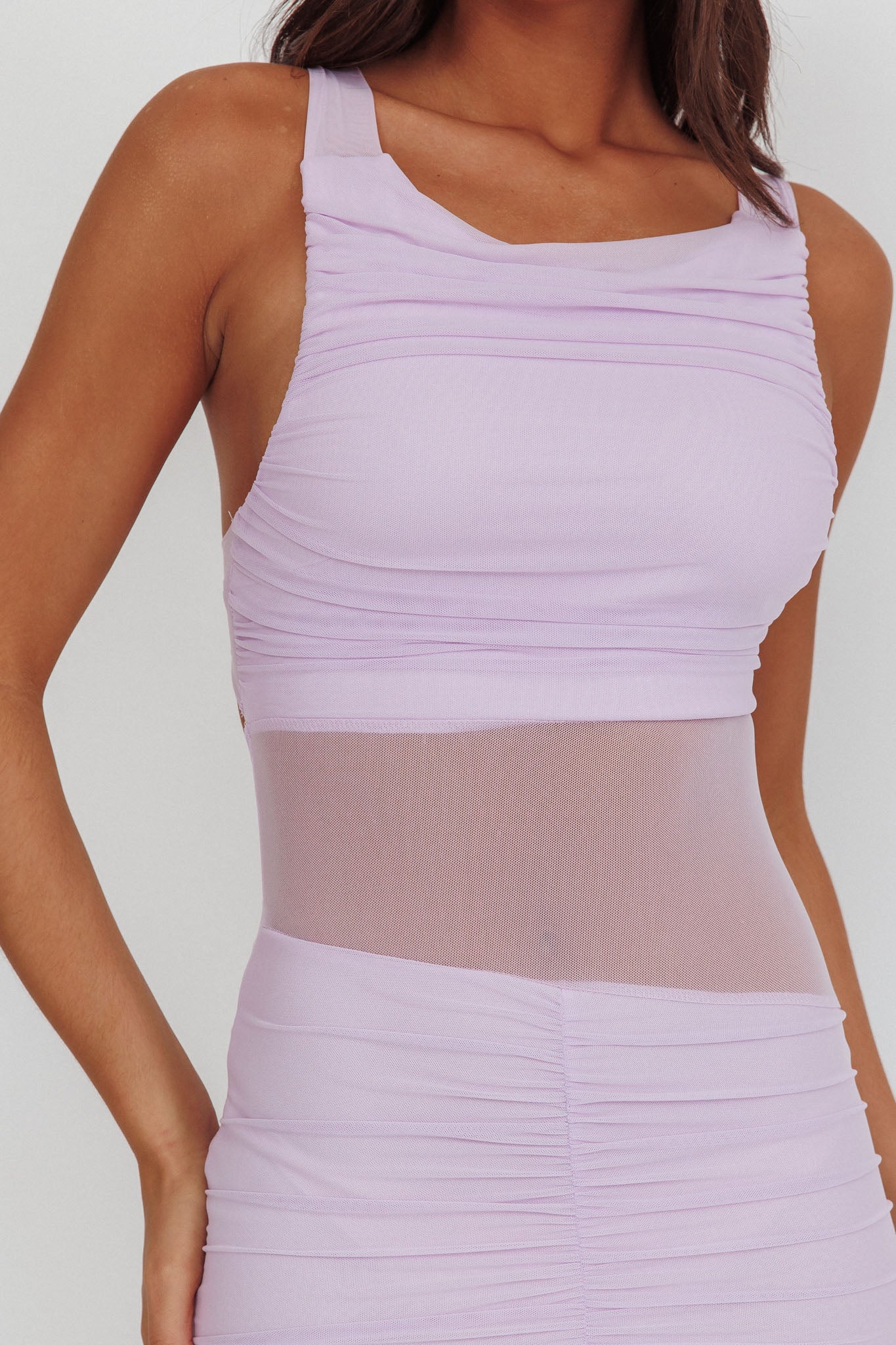 Sade Sheer Panel Ruched Maxi Dress Lilac by Selfie Leslie