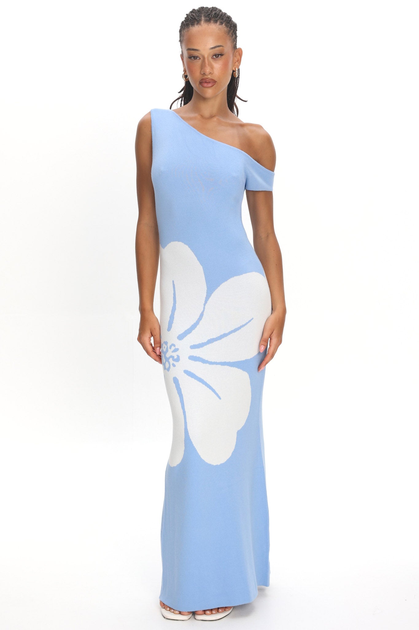 Shop the Wildflower Sun Asymmetric Neckline Knit Dress Flower Blue