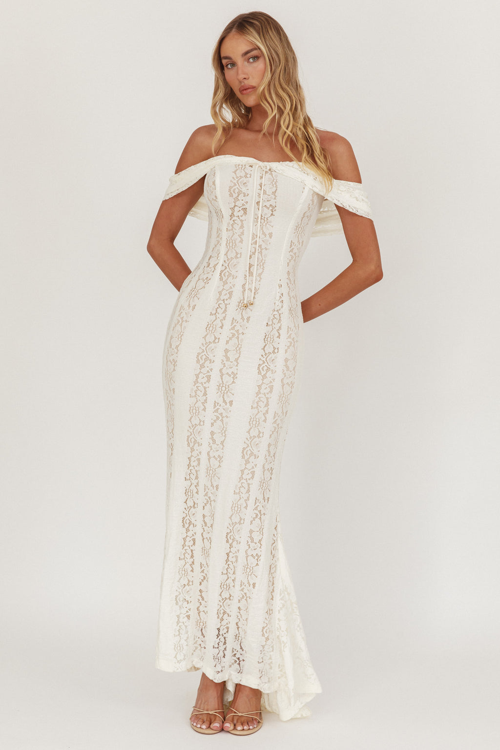 Enigma Off-Shoulder Maxi Dress Lace Cream by Selfie Leslie