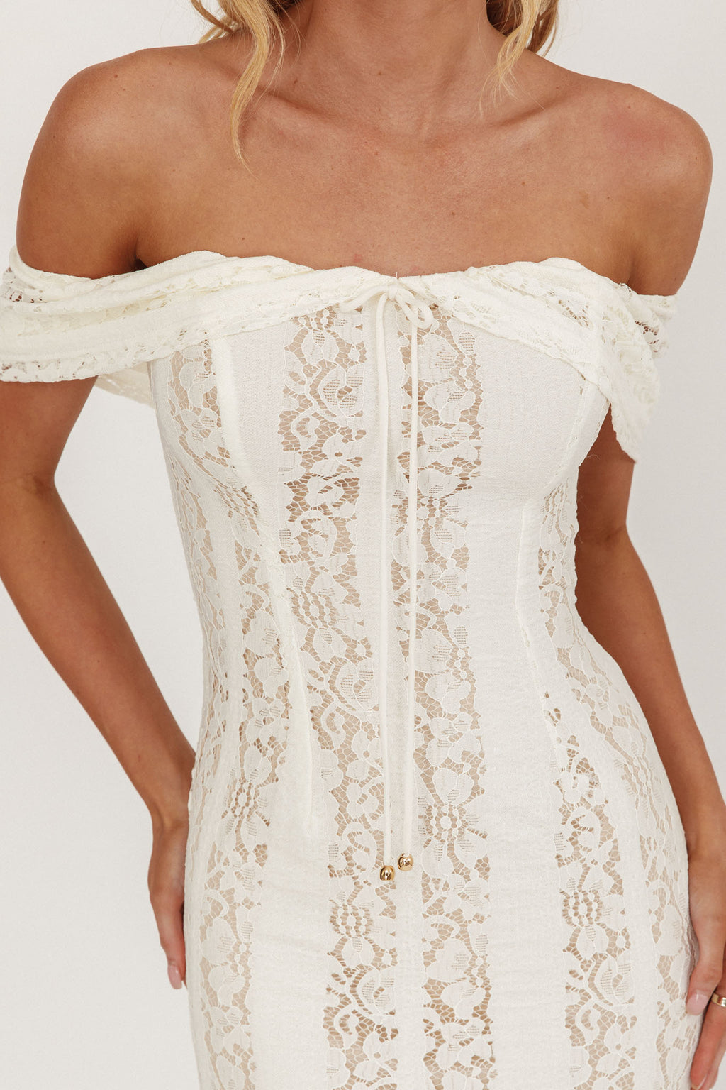 off shoulder sheer lace maxi dress in cream Cream Lace Mesh Overlay Off Shoulder Maxi Dress Small