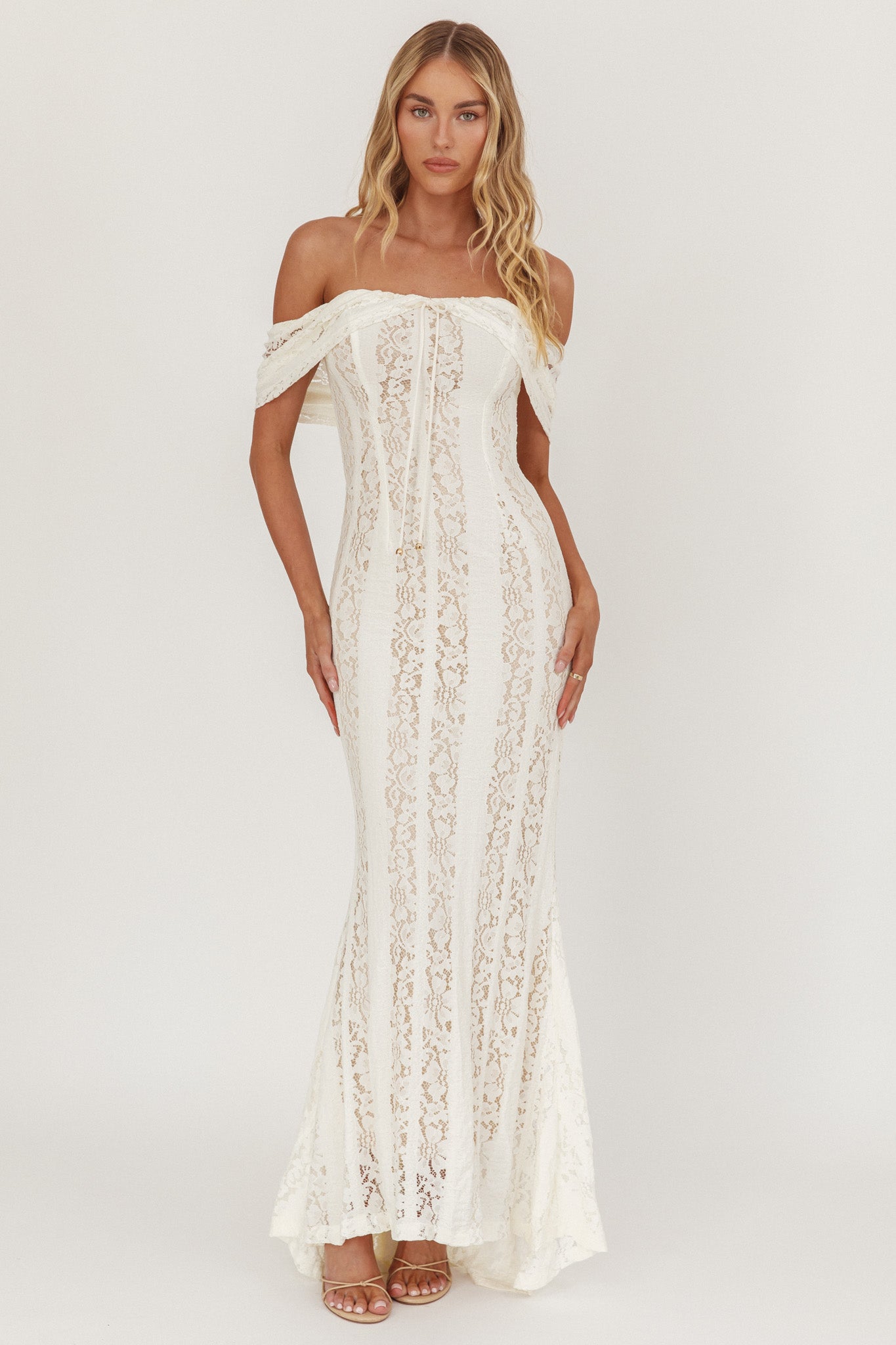 Enigma Off-Shoulder Maxi Dress Lace Cream | Selfie Leslie Enigma Off-Shoulder Maxi Dress Lace Cream | Selfie Leslie