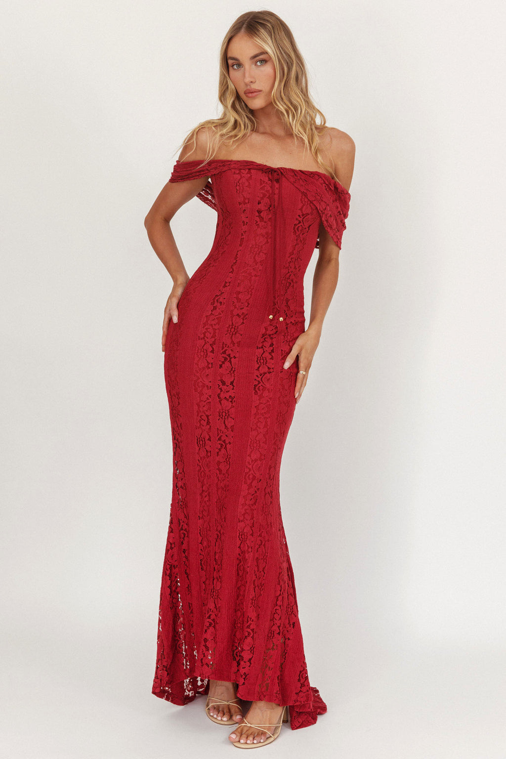 Enigma Off-Shoulder Maxi Dress Lace Wine by Selfie Leslie
