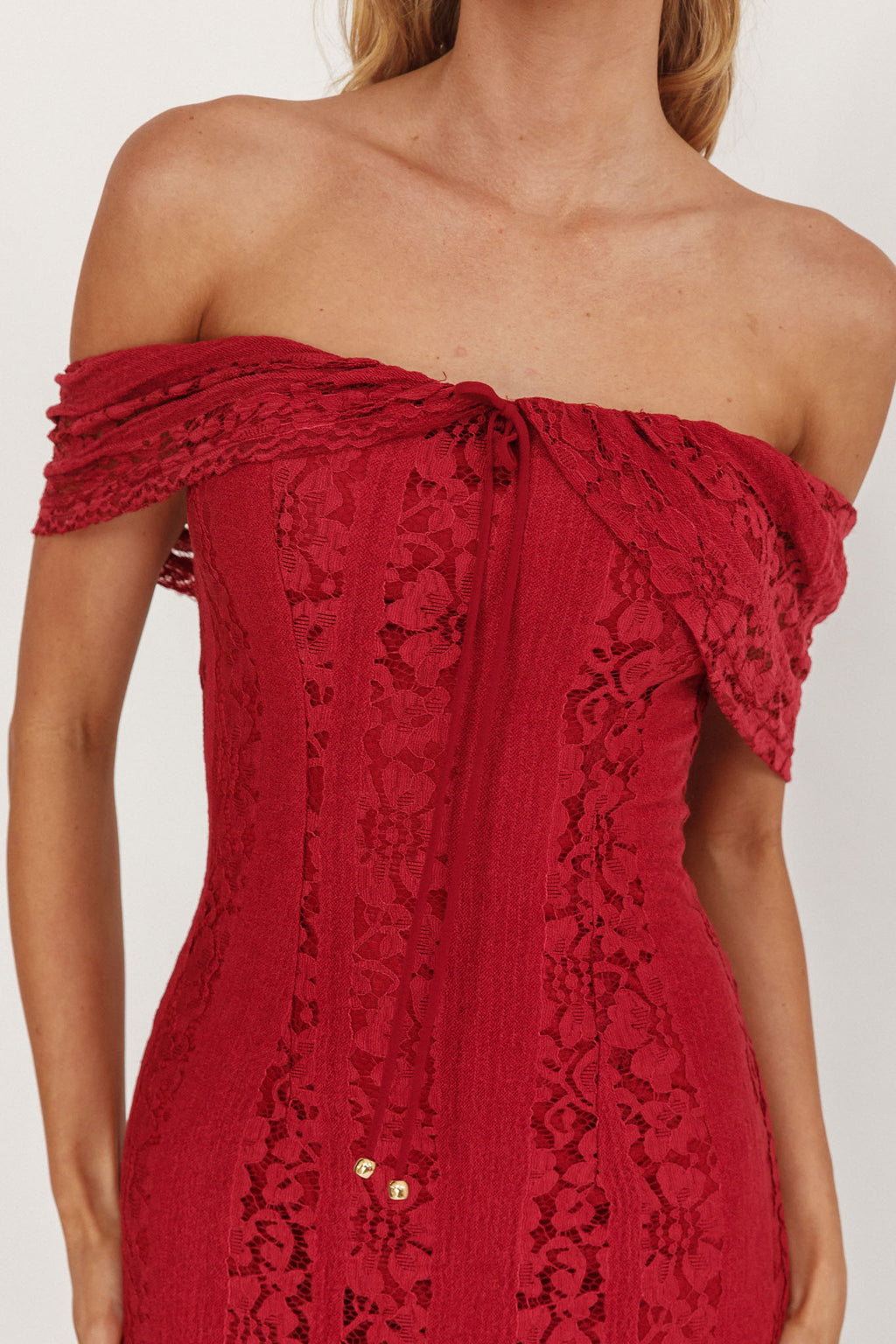 Enigma Off-Shoulder Maxi Dress Lace Wine by Selfie Leslie