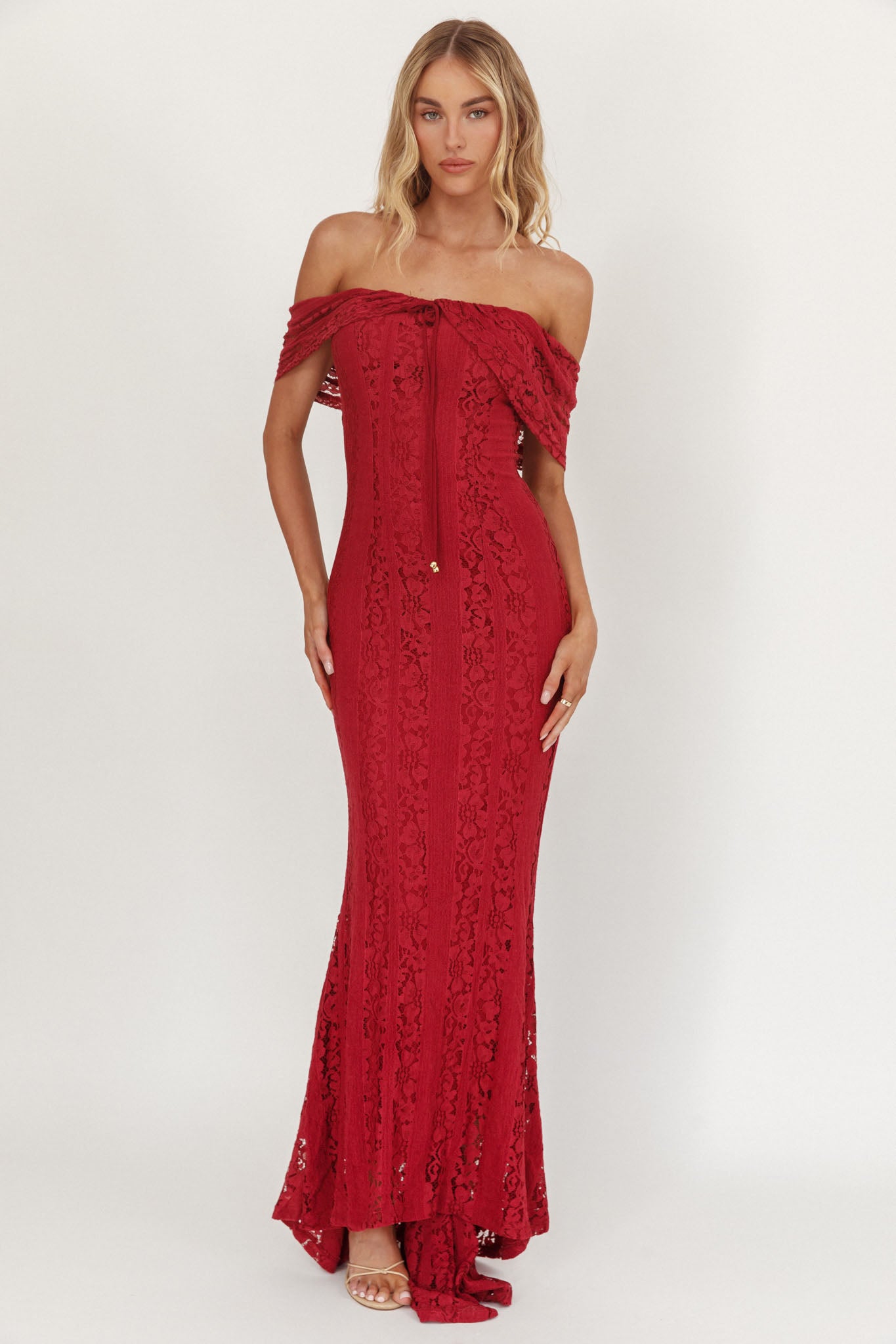 Enigma Off-Shoulder Maxi Dress Lace Wine by Selfie Leslie