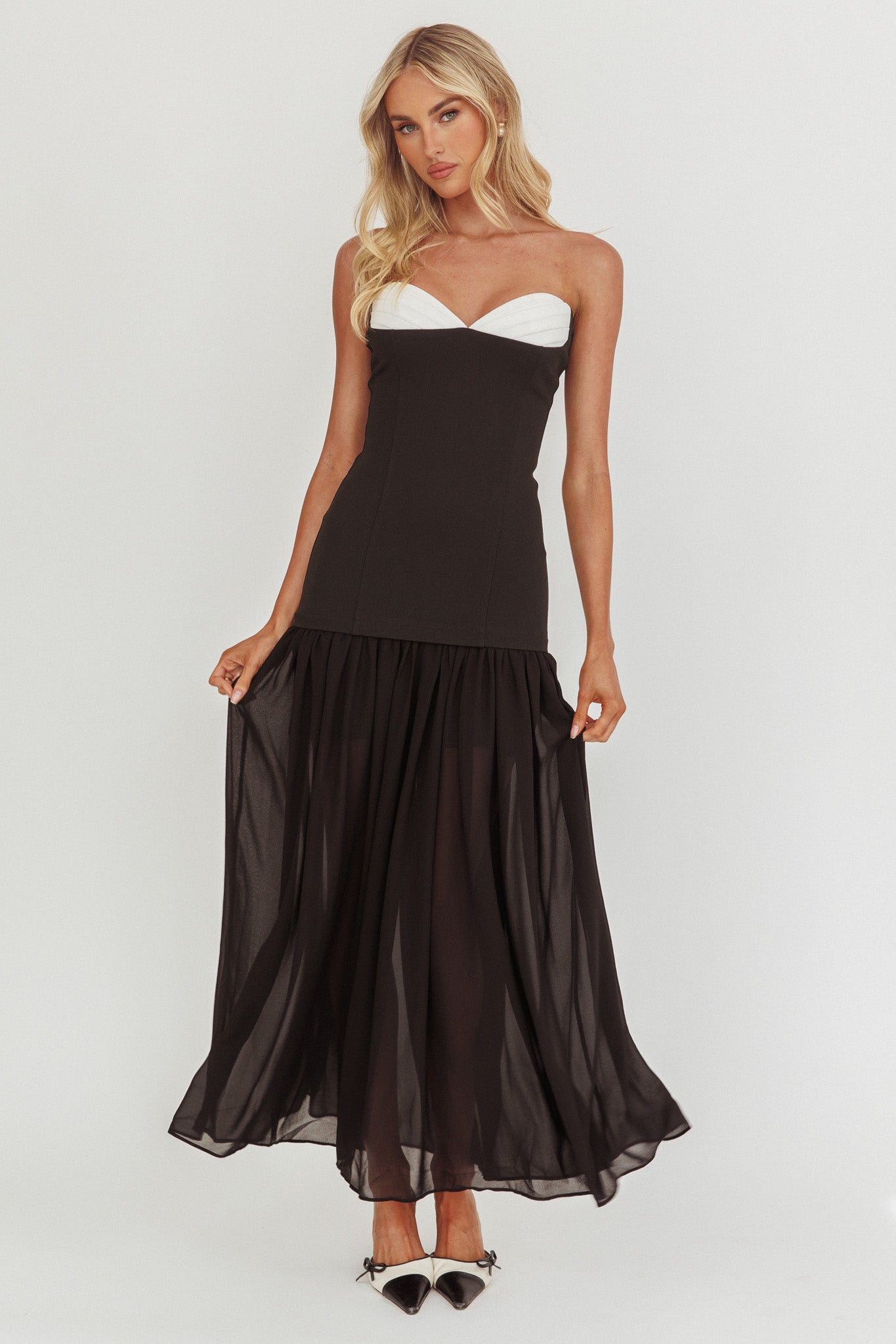 Shop the Unspoken Sweetheart Neckline Sheer Hem Maxi Dress Black