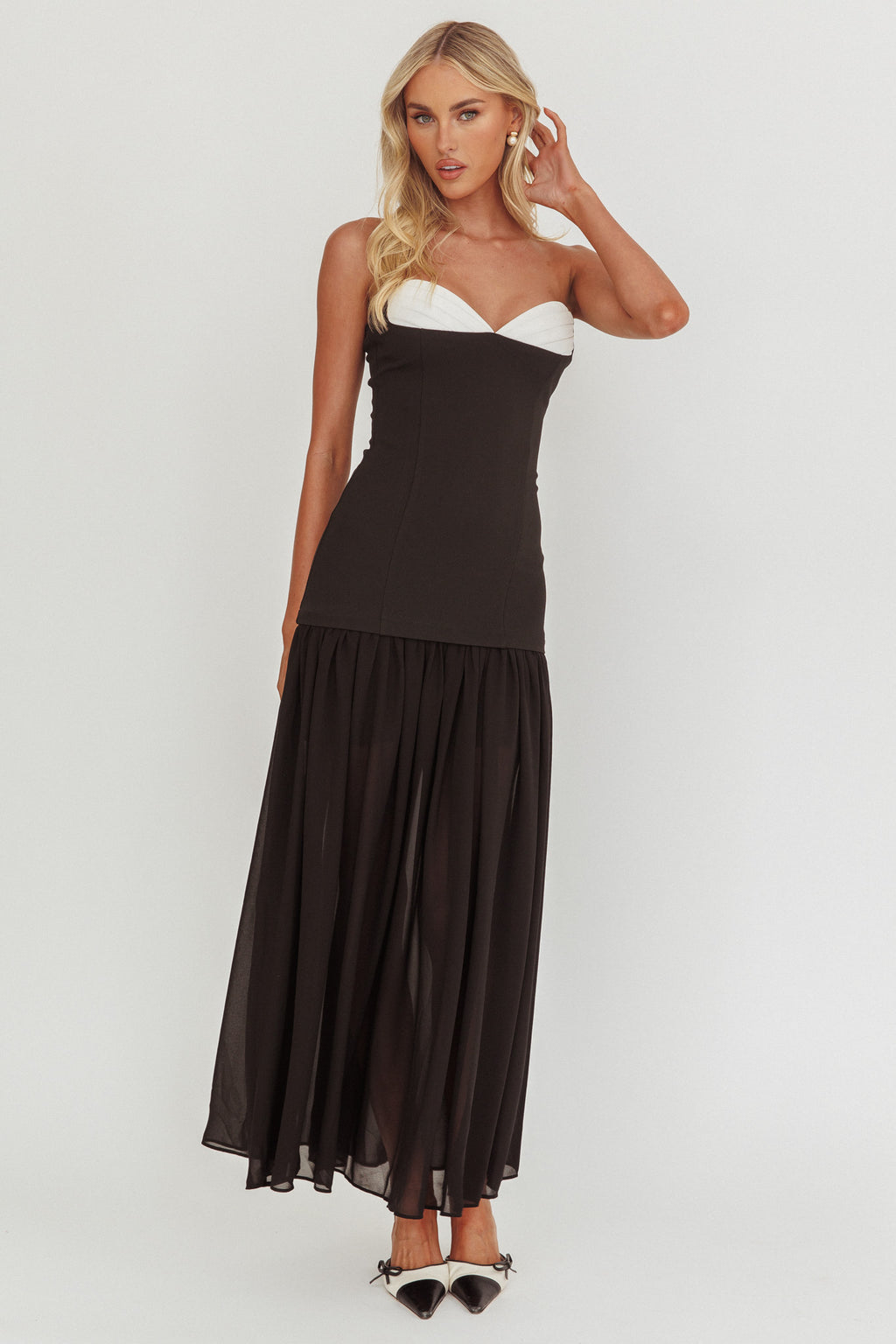 Unspoken Sweetheart Neckline Sheer Hem Maxi Dress Black by Selfie Leslie