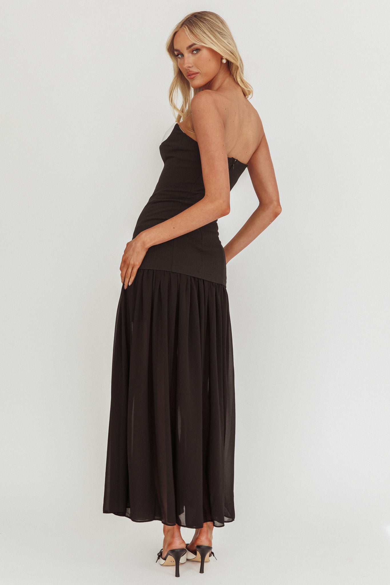 Unspoken Sweetheart Neckline Sheer Hem Maxi Dress Black by Selfie Leslie