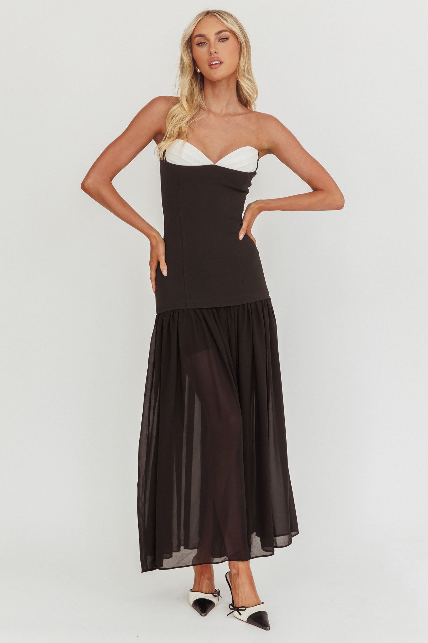 Shop the Unspoken Sweetheart Neckline Sheer Hem Maxi Dress Black